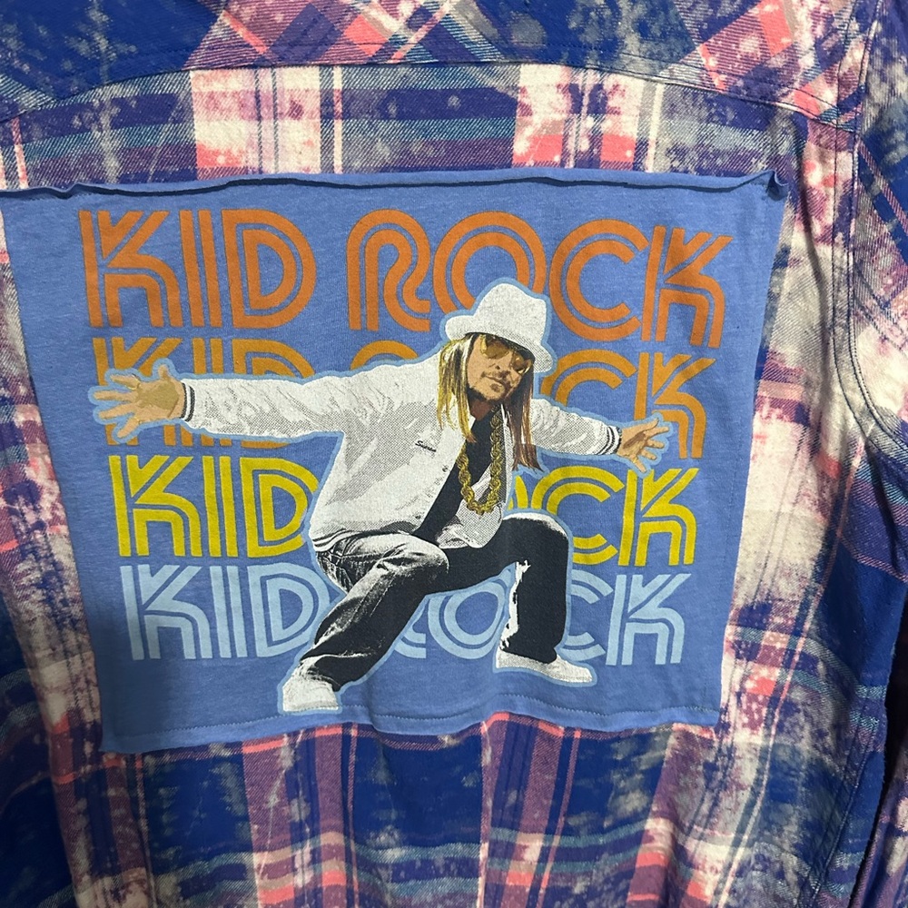 Kid Rock upcycled bleached flannel tee One of a Kind made by me - Picture 2 of 4